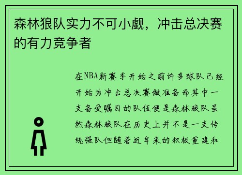 森林狼队实力不可小觑，冲击总决赛的有力竞争者